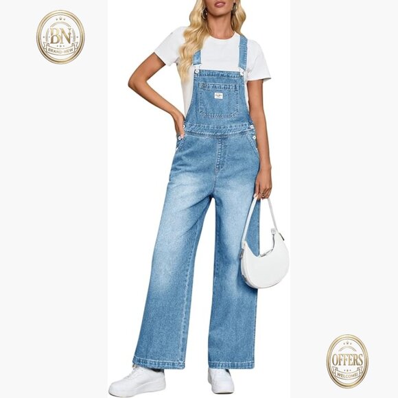 Denim Bib Overalls Adjustable Strap Wide Leg Jumpsuit Loose Fit